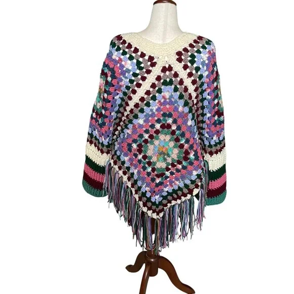 Crochet Poncho with Sleeves Granny Square Design Pattern Colorful Handmade New